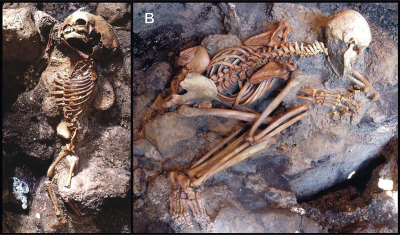 The remains of a child (left) and a young adult male (right) from the Herculaneum site. The postures of the body suggest instant death.